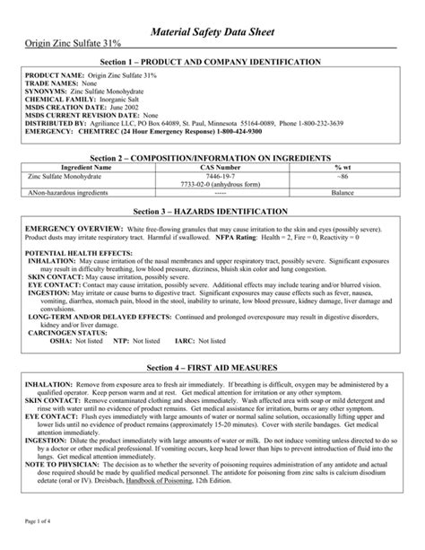 zinc sulfate safety data sheet